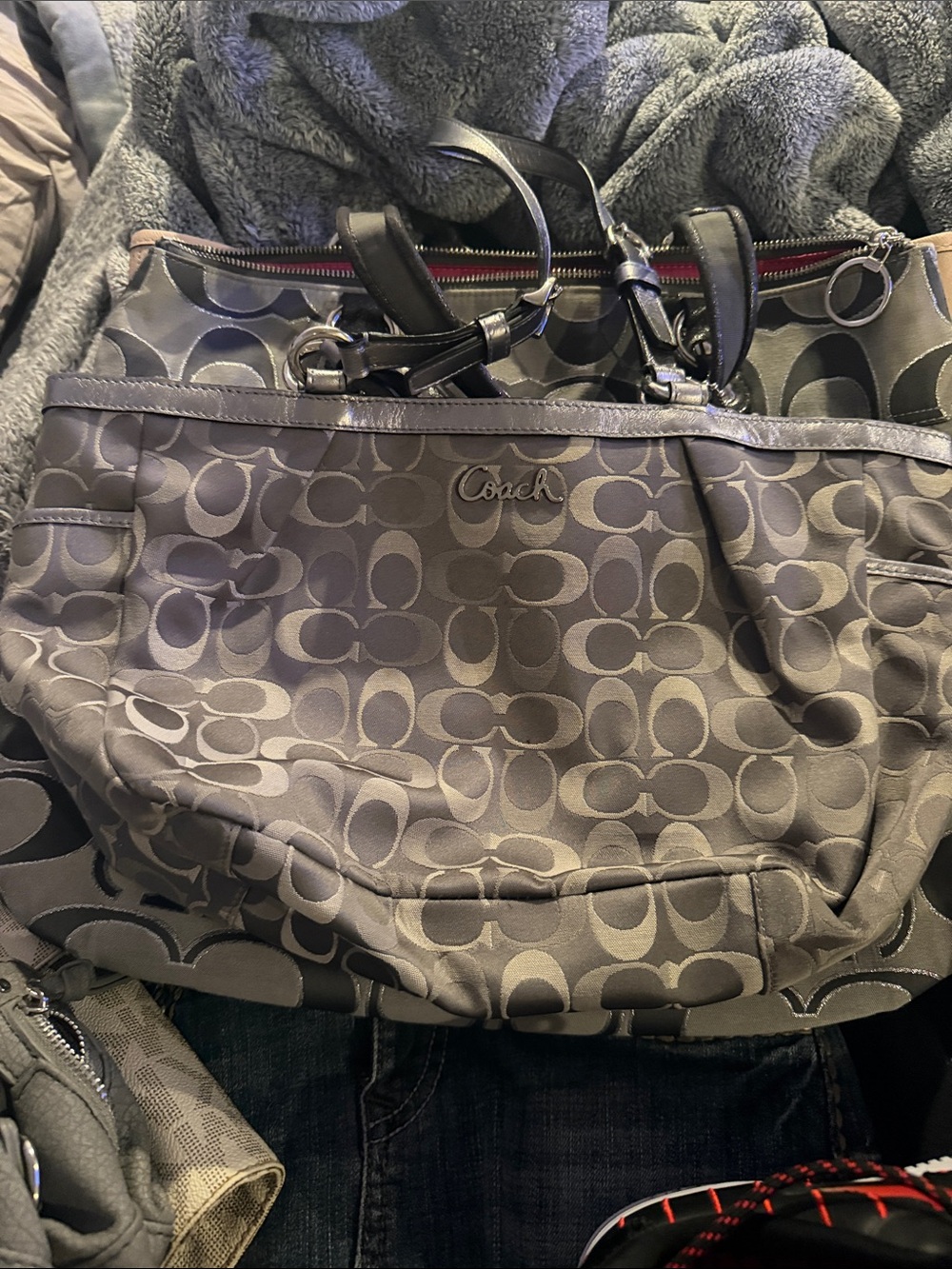 Coach Gray Signature Canvas Tote with Leather Trim